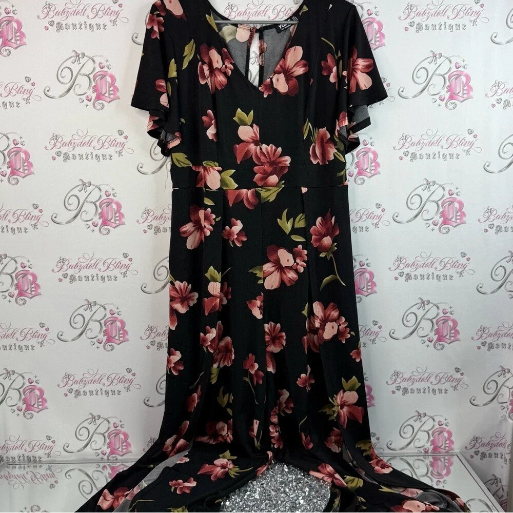 YOINS pants suit jumper romper flowy ruffle sleeve Black Pink Floral Jumpsuit